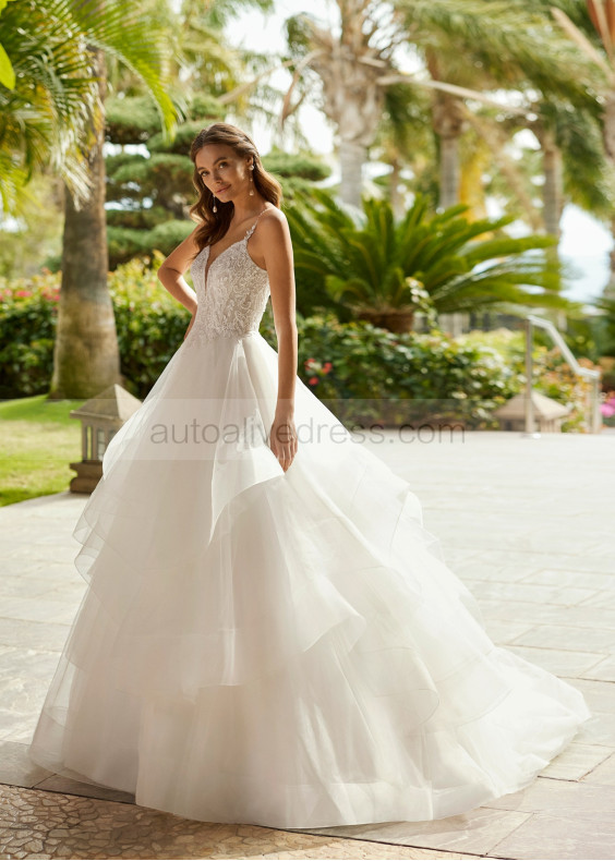 Beaded Ivory Lace Tulle Ruffled Princess Wedding Dress